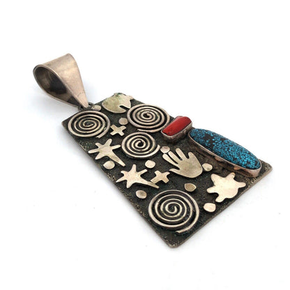Alex Sanchez Navajo Sterling Silver Turquoise Coral Petroglyph Enhancer Pendant
