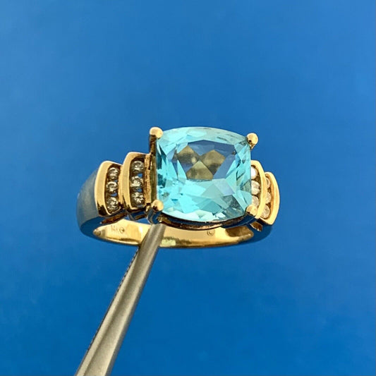 14K Yellow Gold Blue Topaz Diamond December Anniversary Statement Cocktail Ring