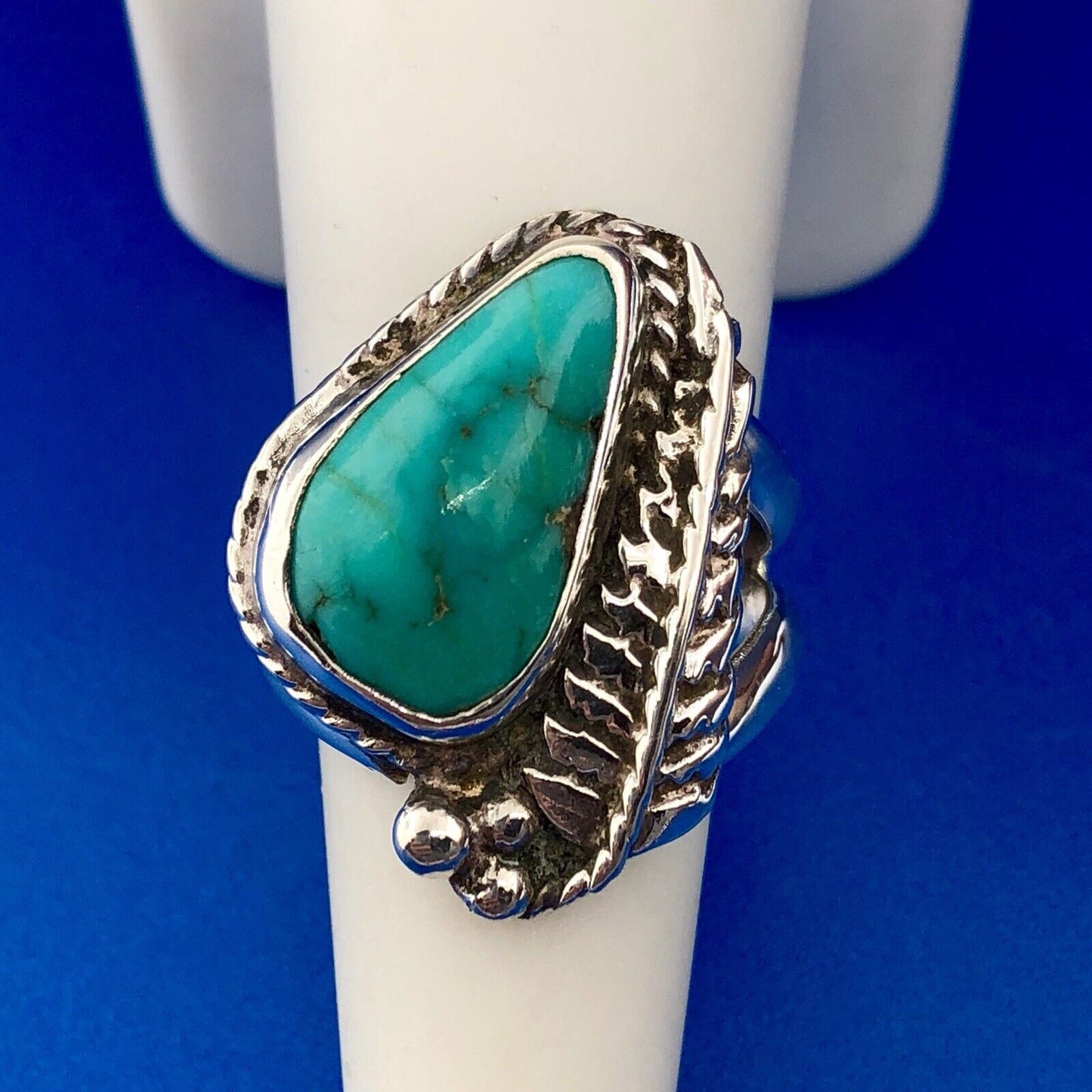 Vintage Native American DB Sterling Silver 925 Turquoise Feather Chunky Ring