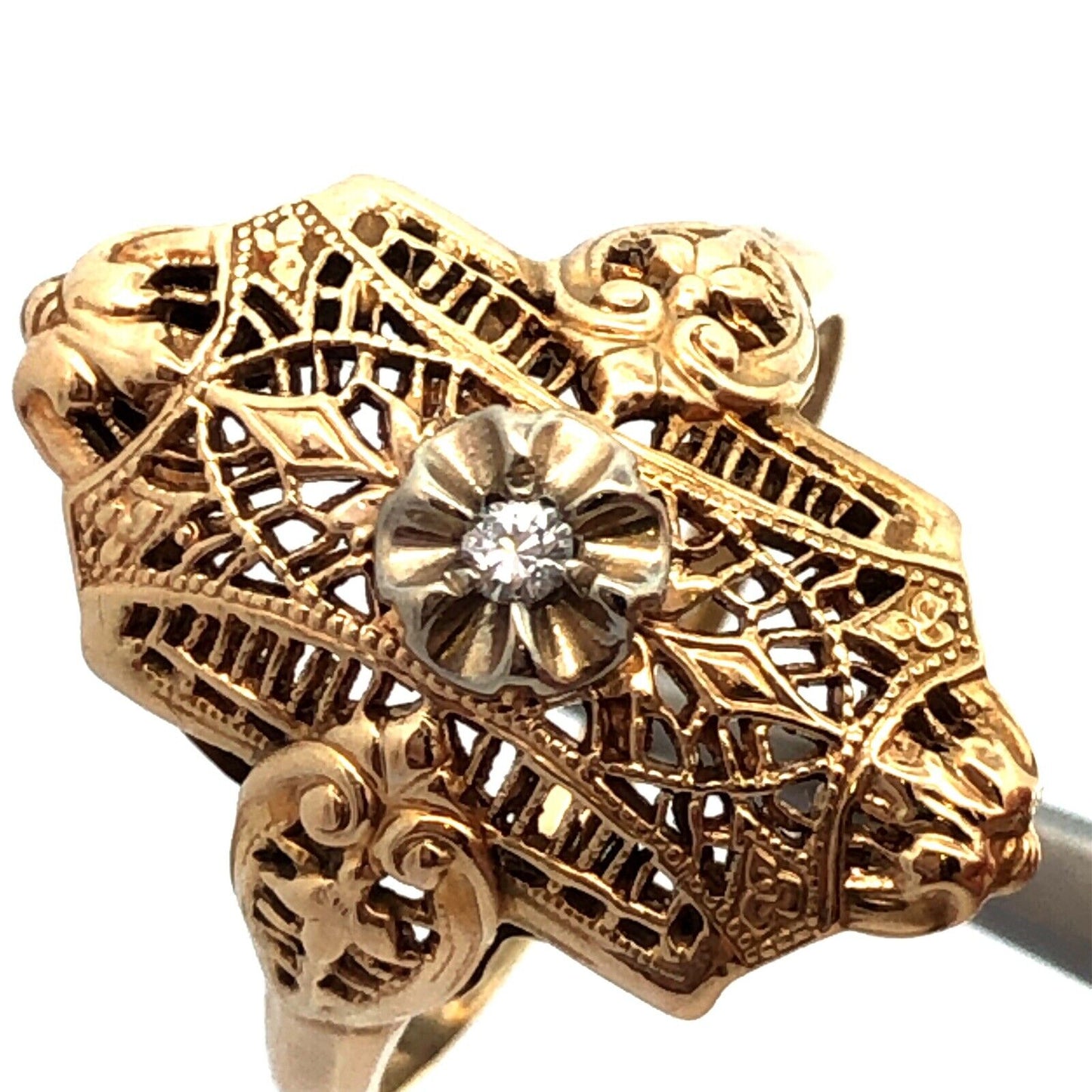 Vintage 10K Yellow Gold Diamond Floral Filigree Statement Finger Ring