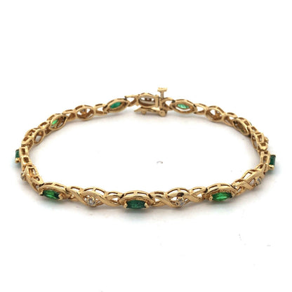 10K Yellow Gold Marquise Emerald Round Diamond X&O Tennis Bracelet