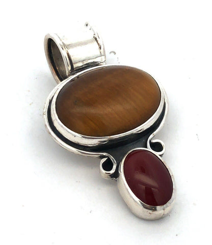 Vintage CII Mexico 925 Sterling Silver Oval Tigers Eye Red Carnelian Pendant