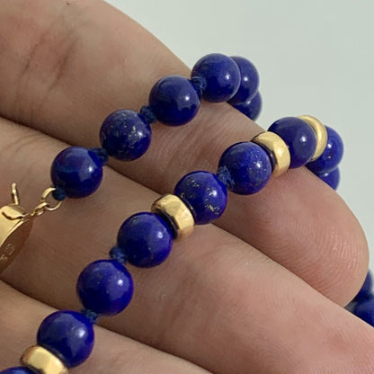 Designer 14K Yellow Gold Hand Knotted Lapis Lazuli Beaded Necklace
