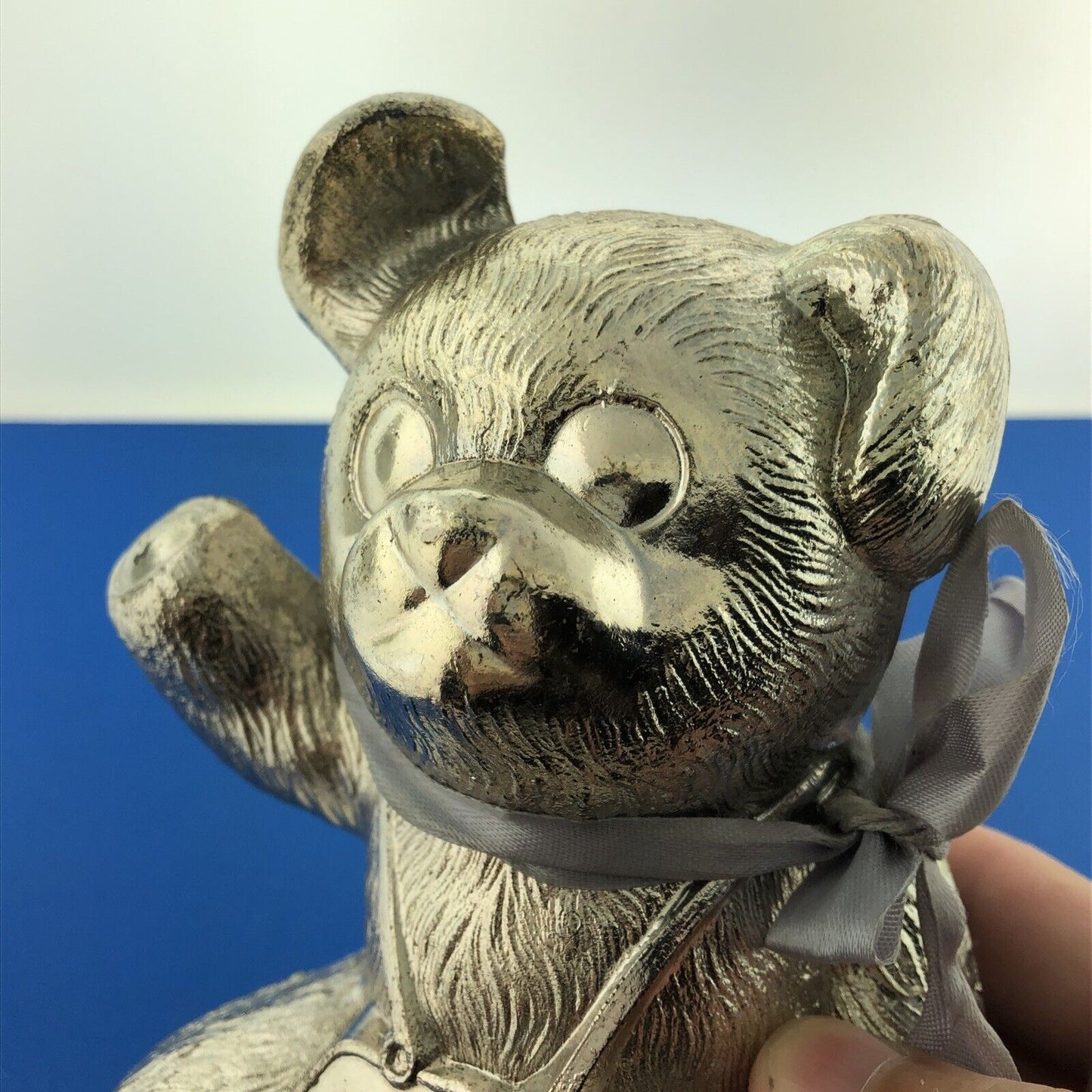 Vintage Silverplate Teddy Bear Love Lasts Blue Ribbon Money Coin Bank