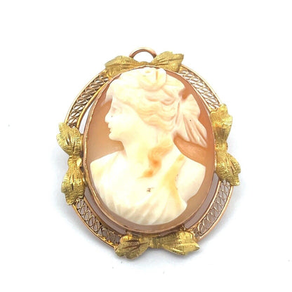 Victorian 10K Yellow Gold Leaf Design Filigree Carved Oval Cameo Pendant Brooch