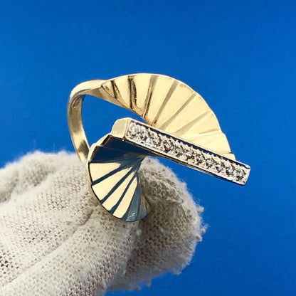 Unusual 10K Yellow Gold Diamond Spiral Fan Staircase Statement Cocktail Ring