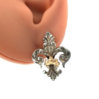 925 Sterling Silver 14K Yellow Gold Fleur De Lis Statement Stud Earrings