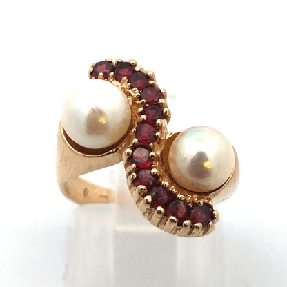 Vintage 14K Yellow Gold Garnet Pearl Free Form Cocktail Anniversary Ring
