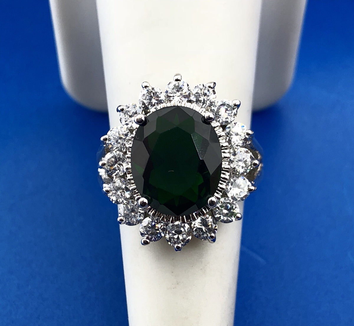 Retro Sterling Silver 925 Green White CZ Statement Fashion Cocktail Ring