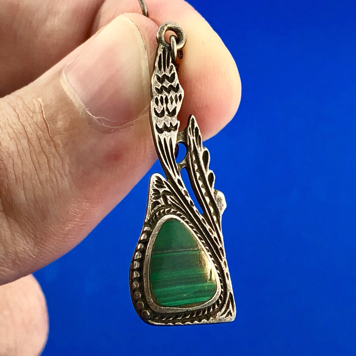 Estate Sterling Silver Malachite Trilliant Feather Wings Motif Dangle Earrings