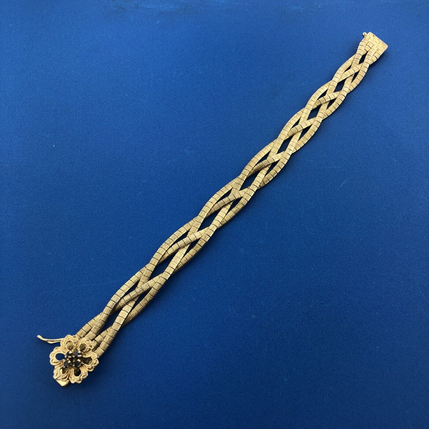 Sterling Silver 925 Vermeil Gold Tone Blue Sapphire Floral Clasp Woven Bracelet