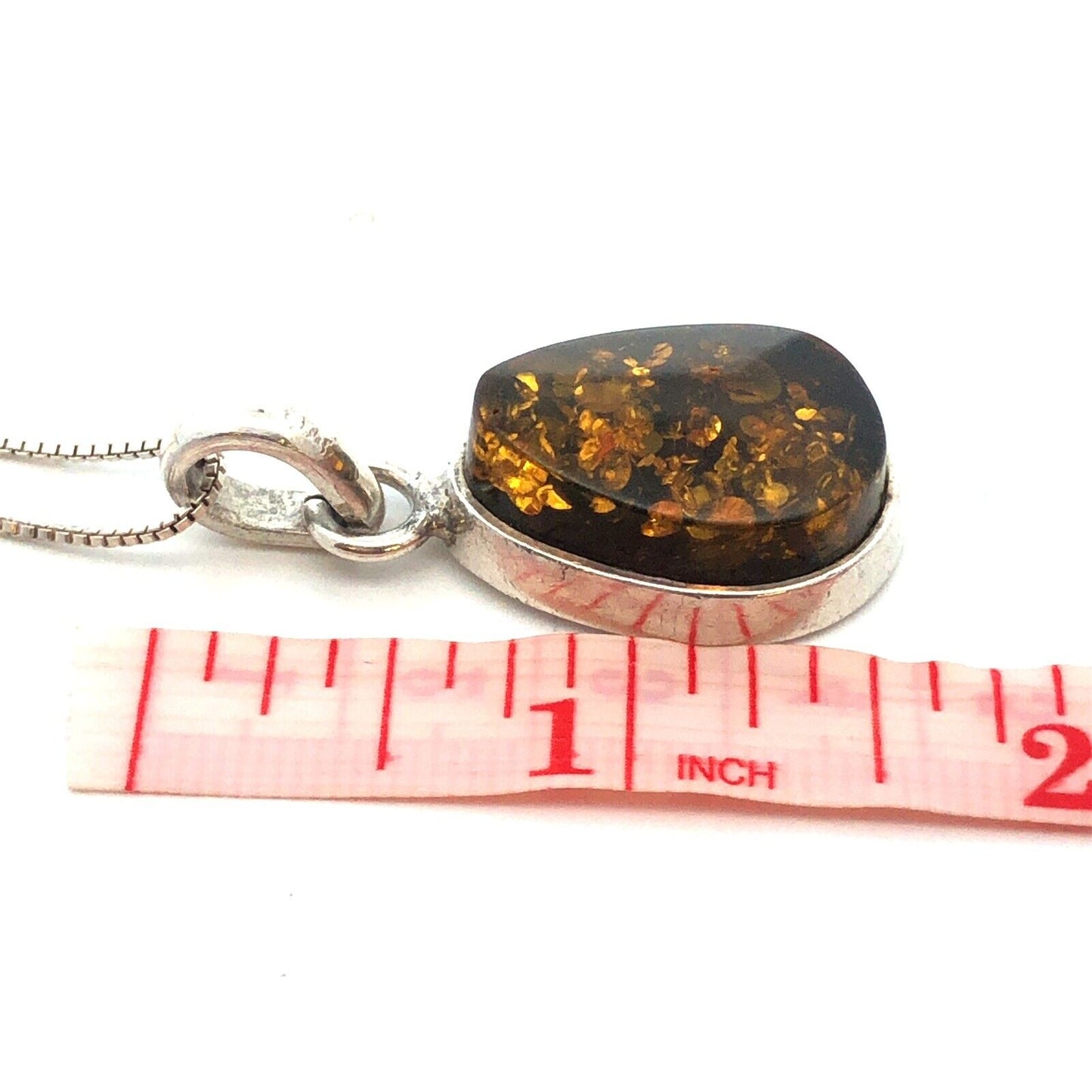 Vintage 925 Sterling Silver Oval Amber Pendant Chain Necklace