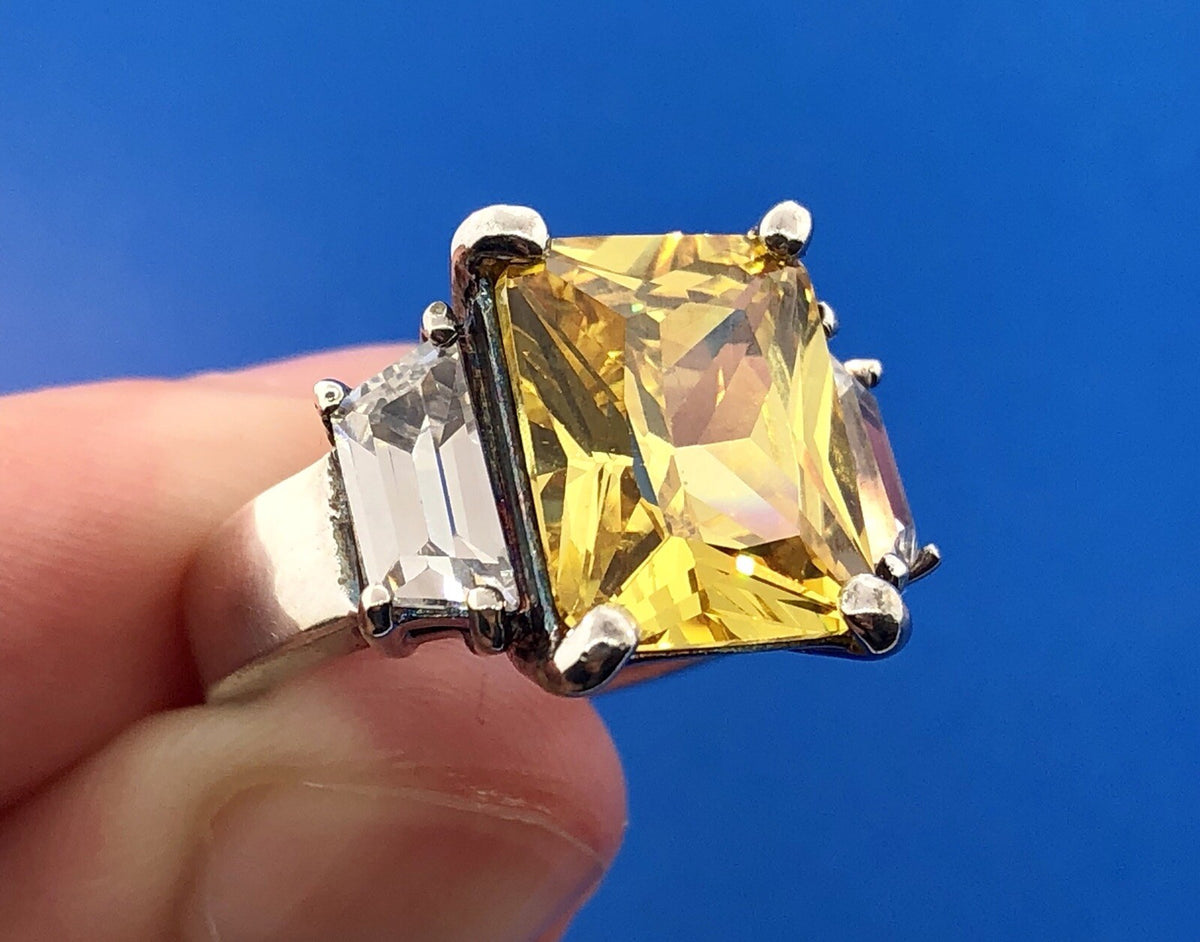 Dramatic Sterling Silver 925 Yellow White CZ Statement Fashion Cocktail Ring