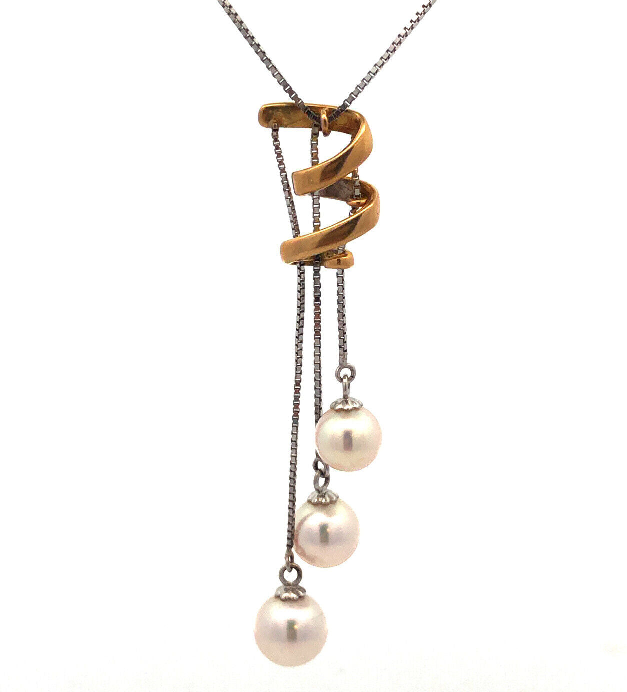 Designer 18K White Yellow Gold Pearl Trio Modernist Abstract Two Toned Necklace