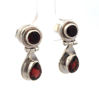 Vintage 925 Sterling Silver Round Bezel Pear Garnet Dangle Drop Stud Earrings
