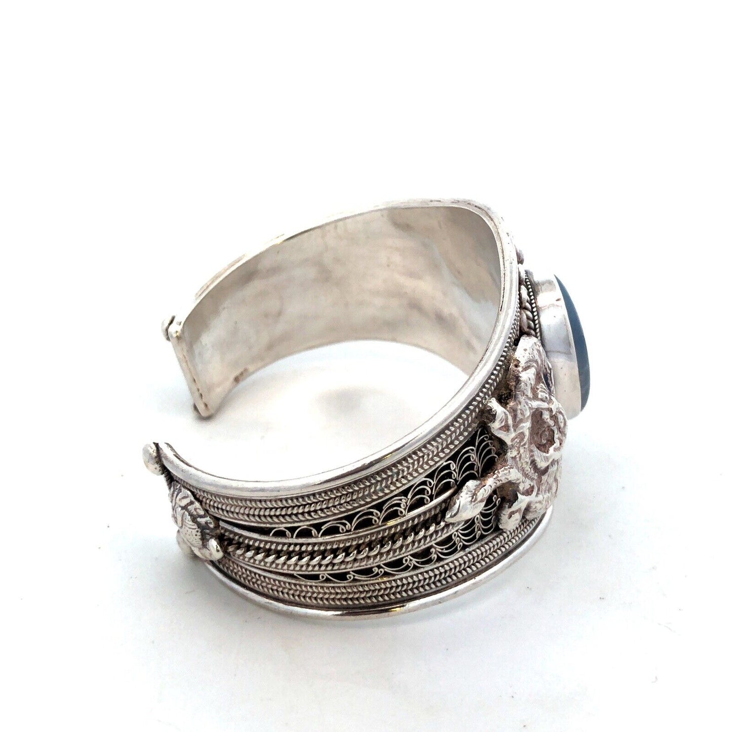 925 Sterling Silver Blue Opal Dragon Filigree Detailed Wide Cuff Bracelet