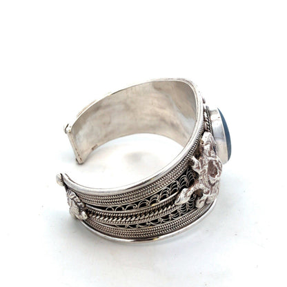 925 Sterling Silver Blue Opal Dragon Filigree Detailed Wide Cuff Bracelet