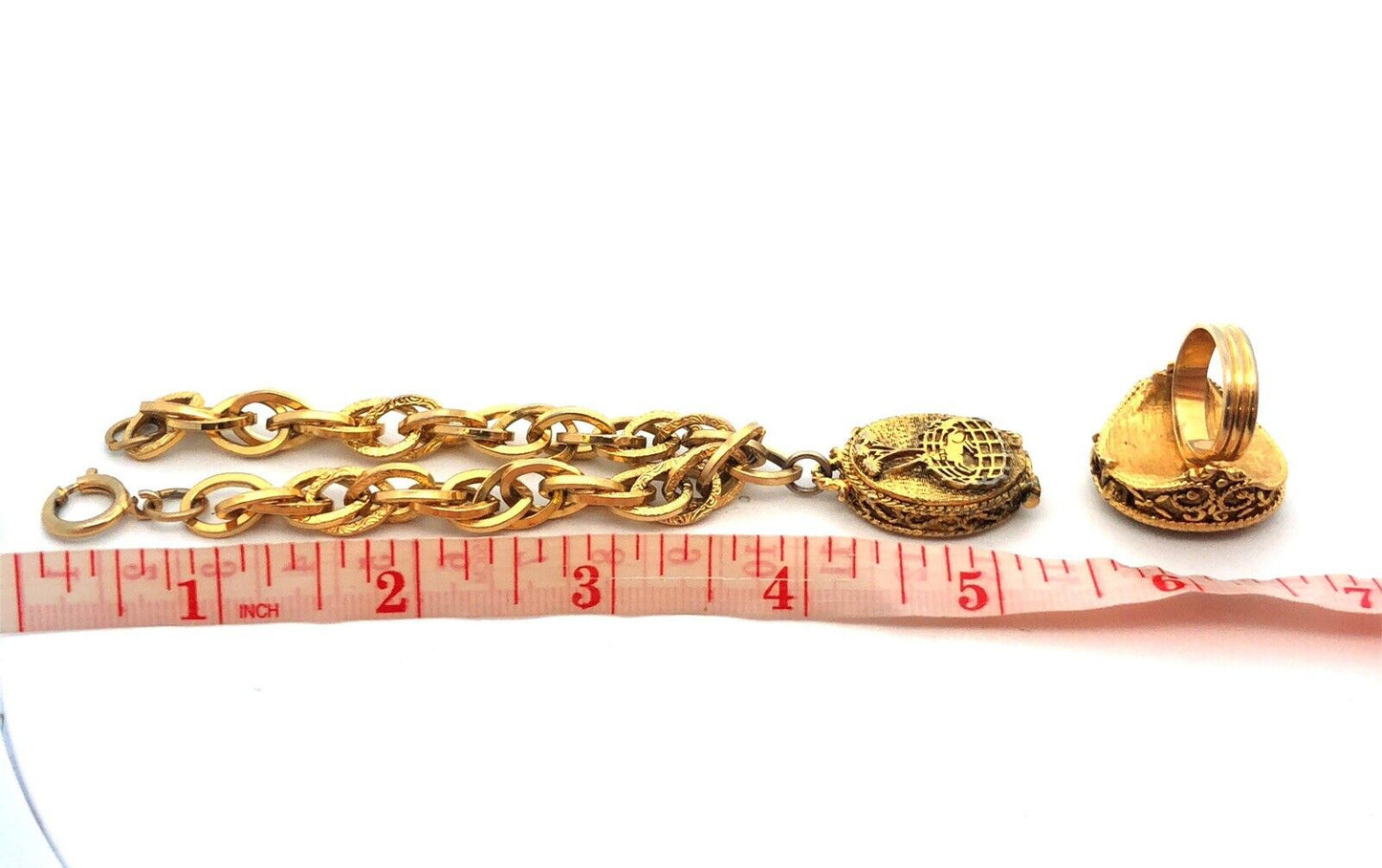 1960's Corday Rare Gold Tone Unicorn In Captivity Perfume Bracelet Ring 2 Pc Set