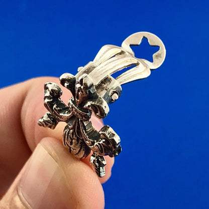 Antique 800 Fine Silver Detailed Artisan Fleur De Lis Clip On Stud Earrings