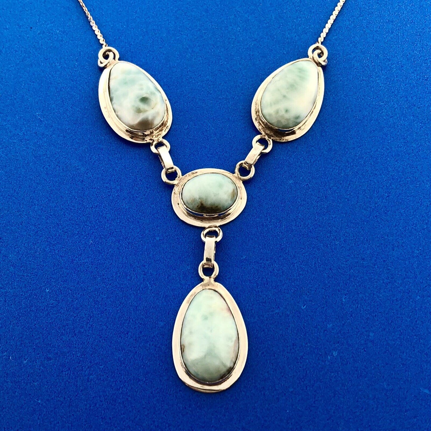Stunning Sterling Silver 925 Cabochon Larimar Triangular S Link 15" Necklace