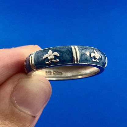 925 Sterling Silver Blue Enamel Fleur De Lis Cigar Band Ring