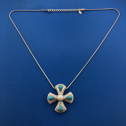 Designer EA Sterling Silver 925 Pearl Turquoise Modernist Cross Pendant Necklace