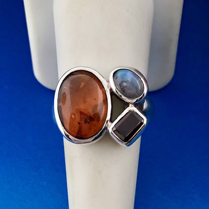 Gorgeous Modernist Sterling Silver 925 Amber Garnet Moonstone Ring Size 7.75