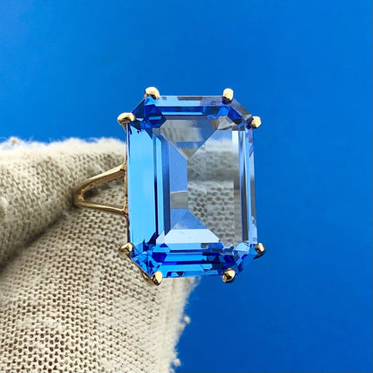 Fabulous 14K Yellow Gold Emerald Cut Lab Blue Spinel Solitaire Statement Ring