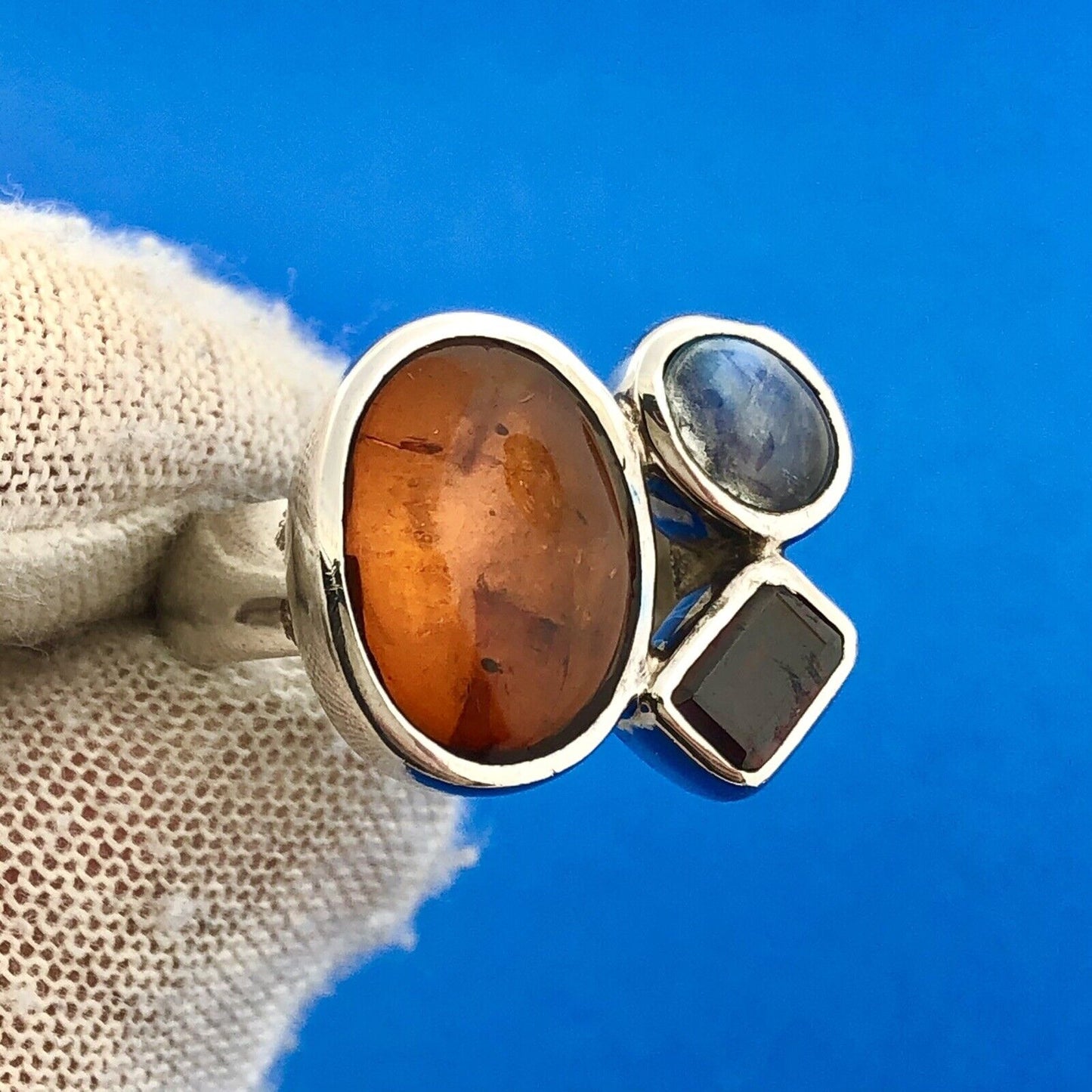 Gorgeous Modernist Sterling Silver 925 Amber Garnet Moonstone Ring Size 7.75