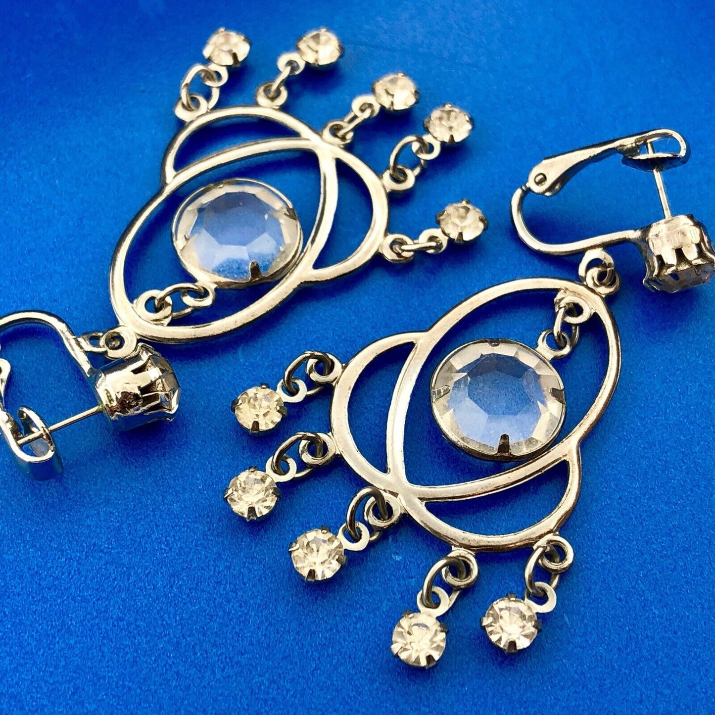Vintage Celebrity Silver Tone Rhinestone Chandelier Drop Bridal Wedding Earrings