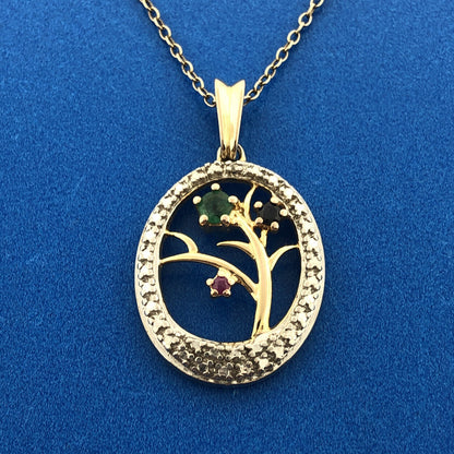 Sterling Silver Vermeil Two Tone Emerald Sapphire Ruby Mothers Pendant Necklace