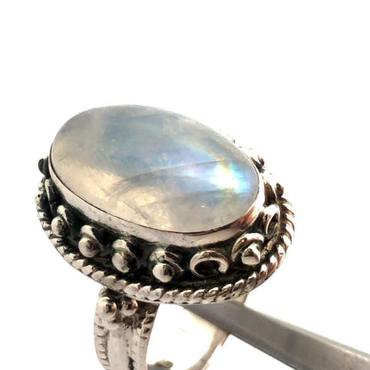 Vintage 925 Sterling Silver Oval Cabochon Rainbow Moonstone Statement Dome Ring