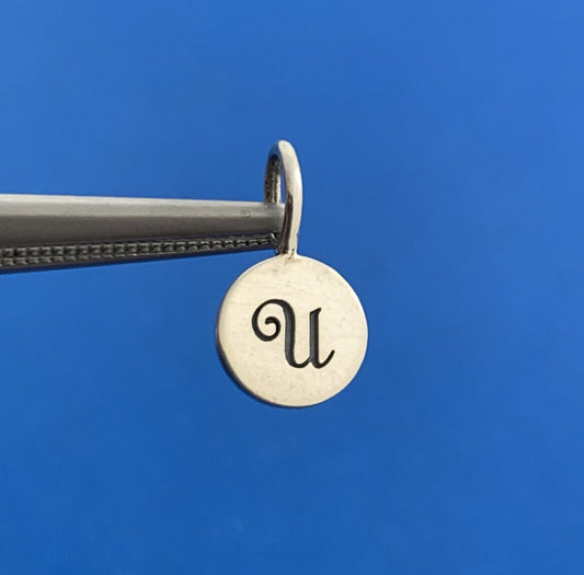 PST 925 Sterling Silver U Initial Monogram Script Petite Disc Bracelet Charm
