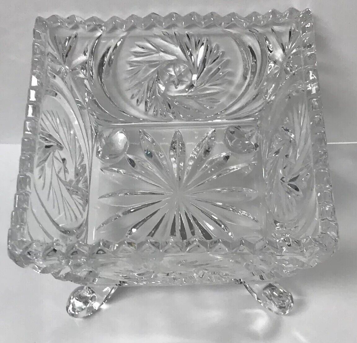 EAPG Pinwheel And Hobstar Square Footed Compote Candy Dish Clear Glass Pattern