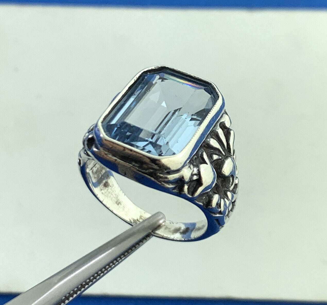Estate Sterling Silver Emerald Cut Blue Topaz Scroll Floral Vine Cocktail Ring