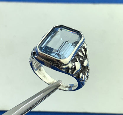 Estate Sterling Silver Emerald Cut Blue Topaz Scroll Floral Vine Cocktail Ring