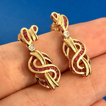 Designer 14K Yellow Gold Ruby Diamond Abstract Heart Inifinity Dangle Earrings