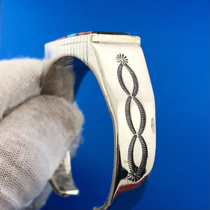 Rare Kee Montoya Navajo Sterling Silver Multi Gem Inlay Statement Cuff Bracelet