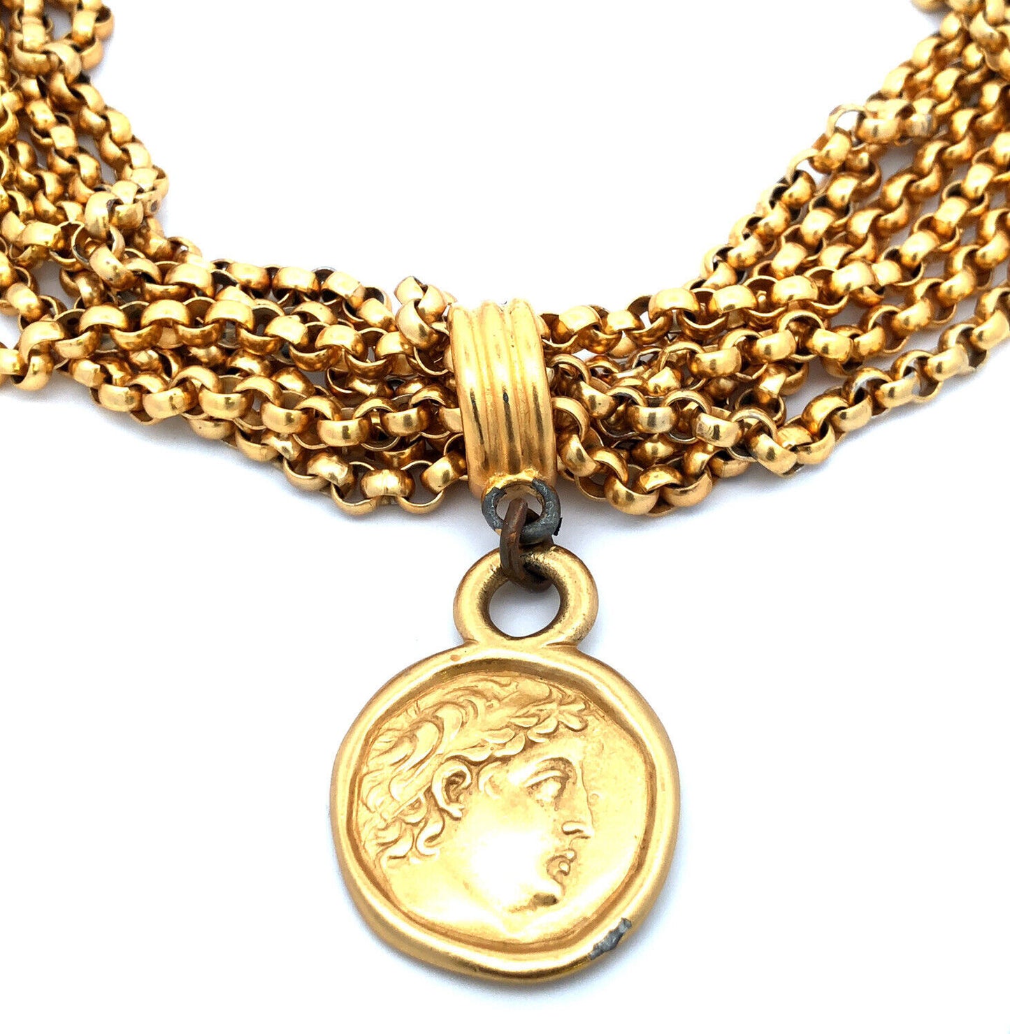 Carolee Gold Tone Rolo Link Faux Ancient Ceasar Coin Statement Collar Necklace