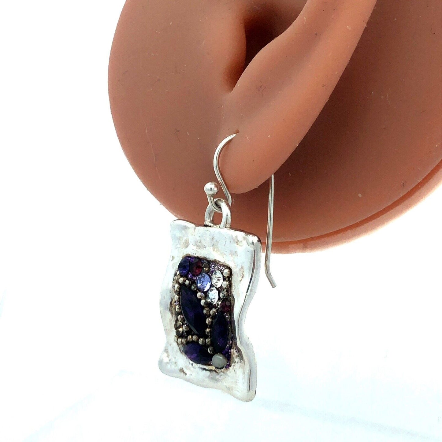 Vintage 925 Sterling Silver Purple Cubic Zirconia Rectangle Hook Earrings