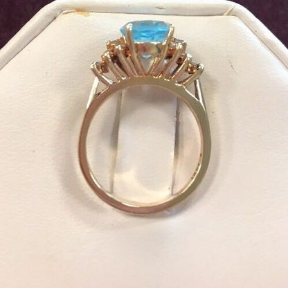 Vintage 10K Yellow Gold Blue Topaz Waterfall Diamond Engagement Anniversary Ring