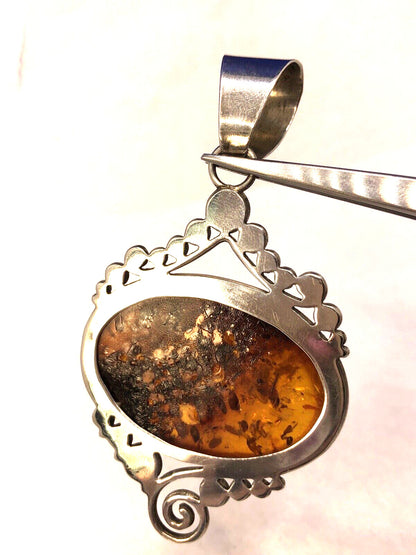 Vintage 925 Sterling Silver Oval Amber Open Scroll Statement Pendant