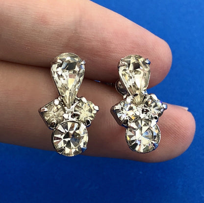 Estate Silver Tone Crystal Rhinestone Bridal Wedding Screw Back Earrings