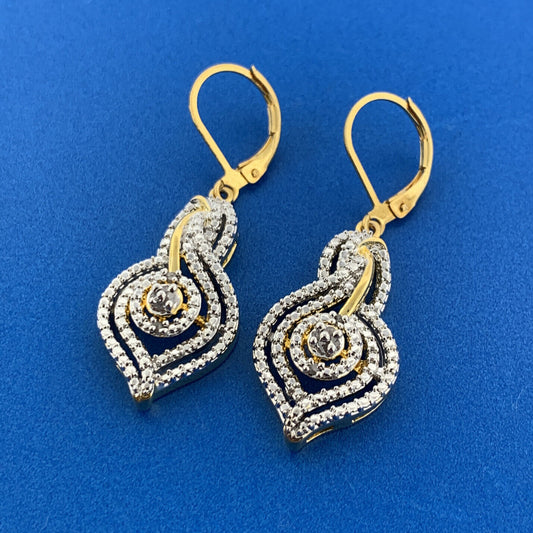 Designer BR KRN Gold Toned Round Cut Diamond Statement Leverback Dangle Earrings