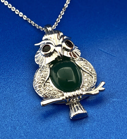 Designer Sterling Silver Green Onyx Garnet Textured Plump Owl Fashion Necklace