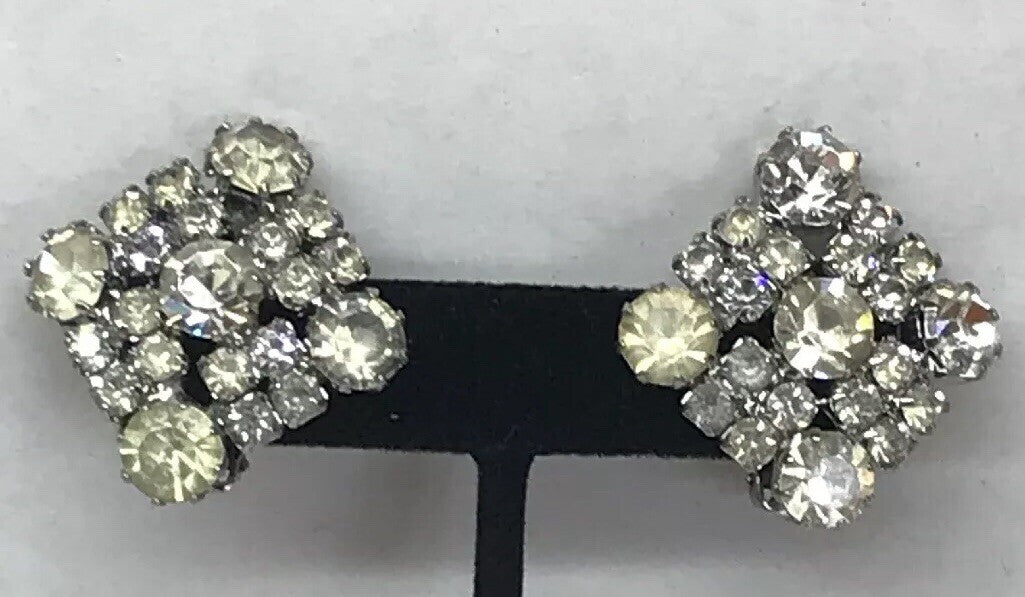 Vintage Signed Weiss Paste Rhinestone Square Shaped Silver Tone Clip Earrings