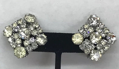 Vintage Signed Weiss Paste Rhinestone Square Shaped Silver Tone Clip Earrings