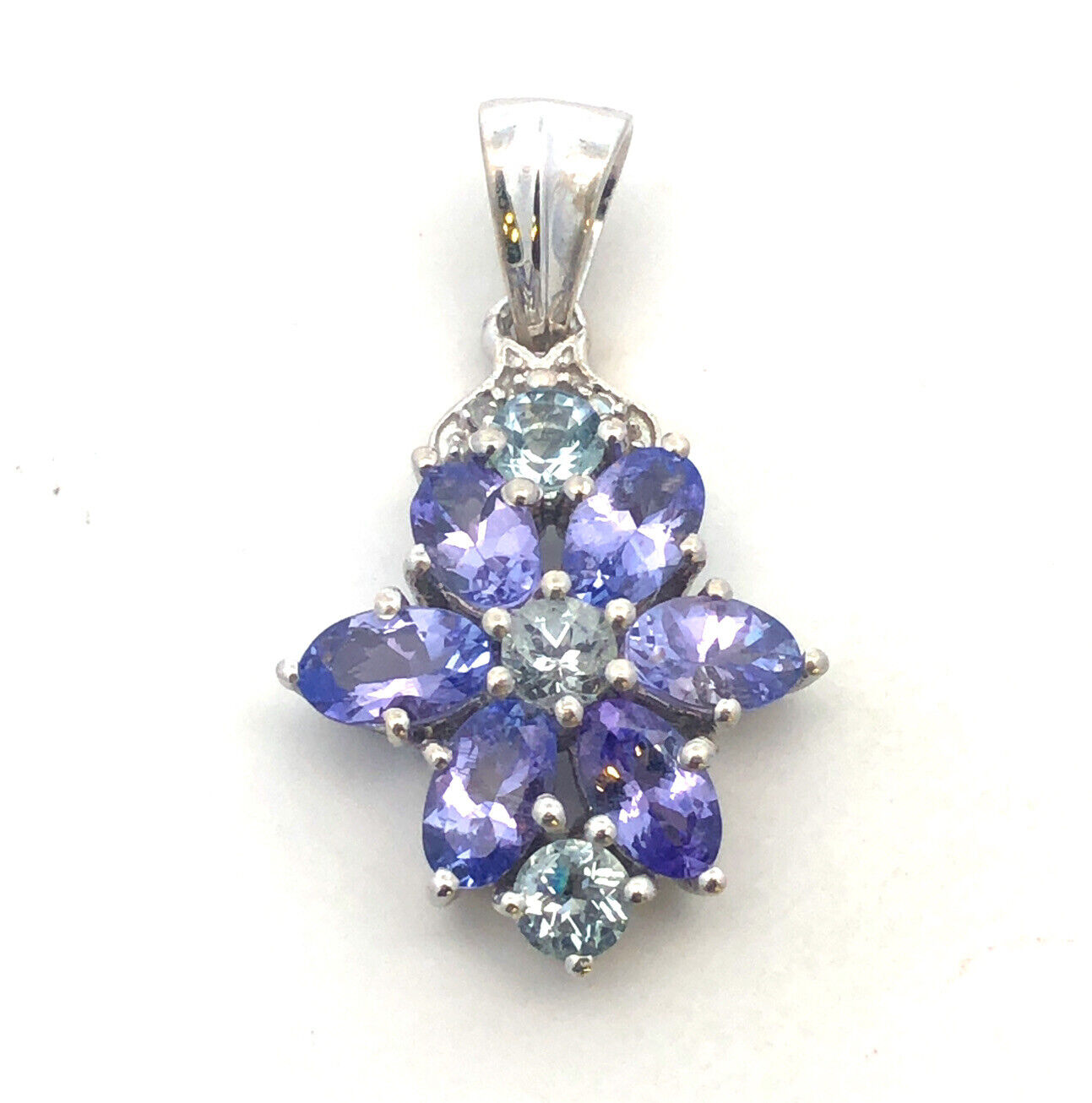 TGGC 925 Sterling Silver Oval Tanzanite Blue Tourmaline Diamond Flower Pendant