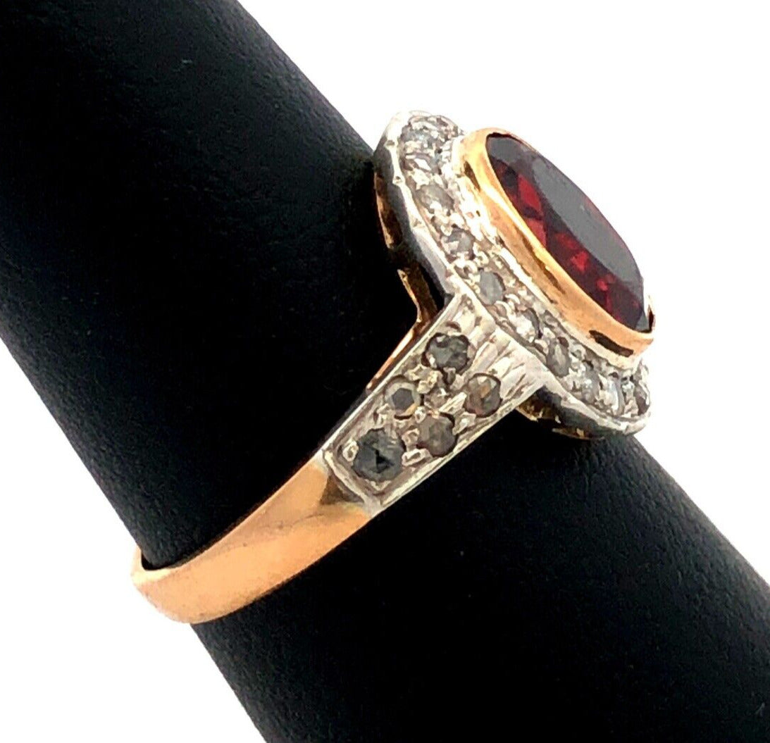 Vintage 18K Yellow Gold Oval Red Garnet Bezel Diamond Halo Cocktail Ring