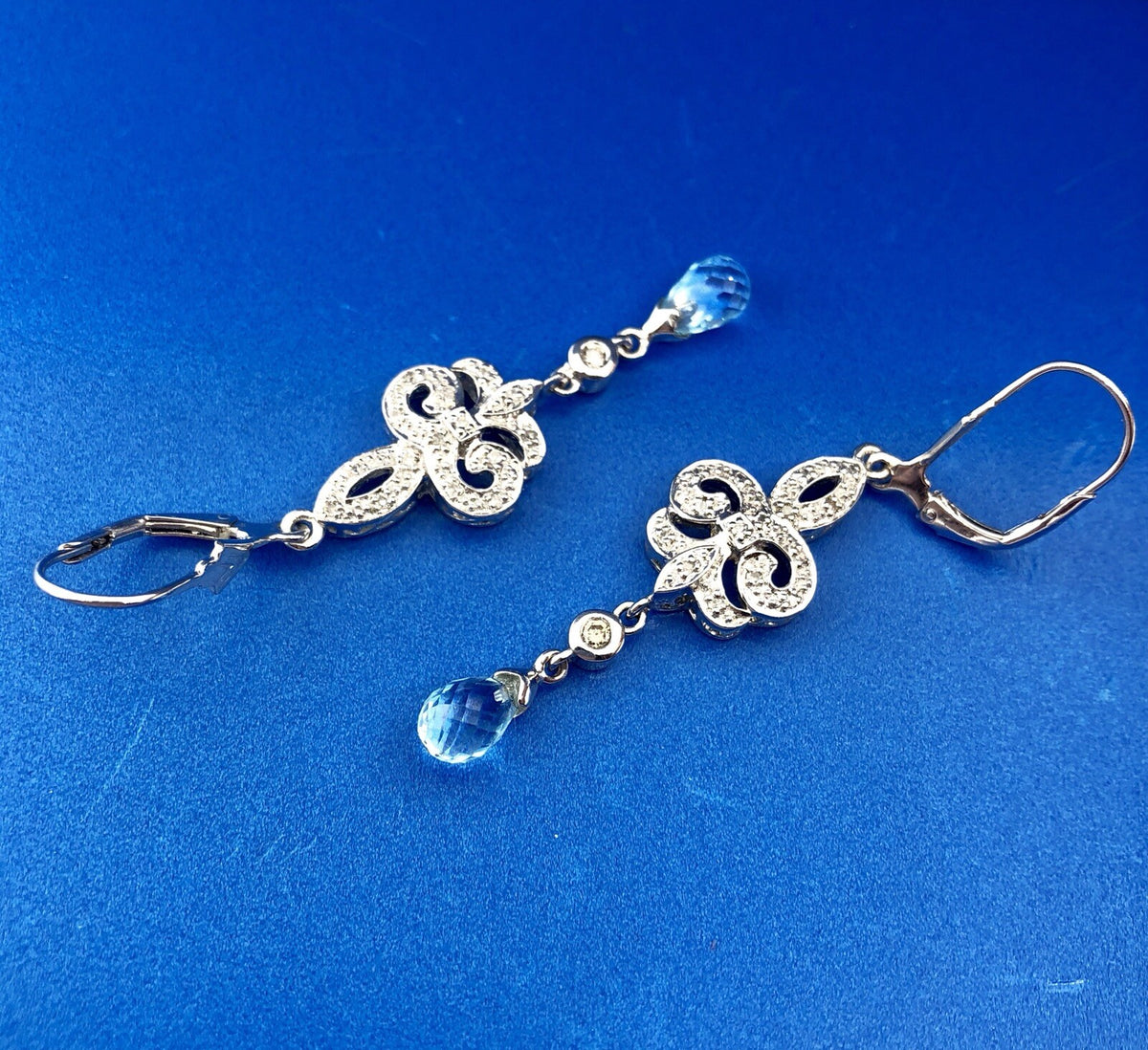 Designer EA Sterling Silver 925 Diamond Blue Topaz Fleur De Lis Drop Earrings
